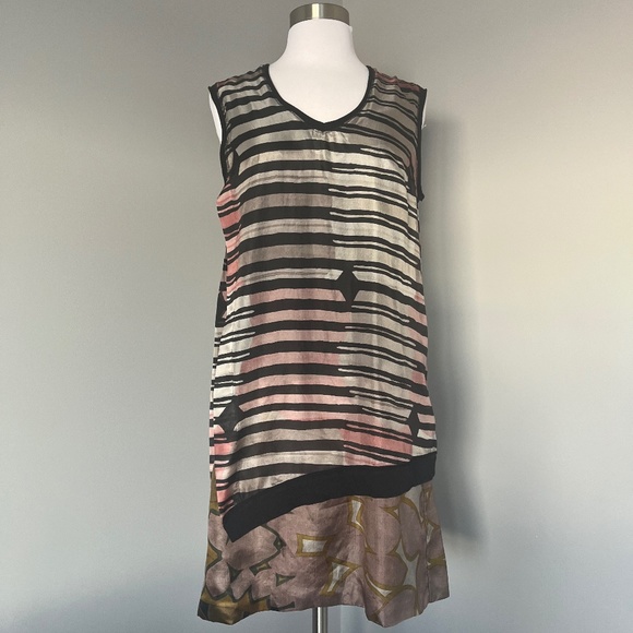 Alysi Silk Floral Striped A-line Cocktail Sleeveless Abstract Italy Dress - Picture 3 of 13